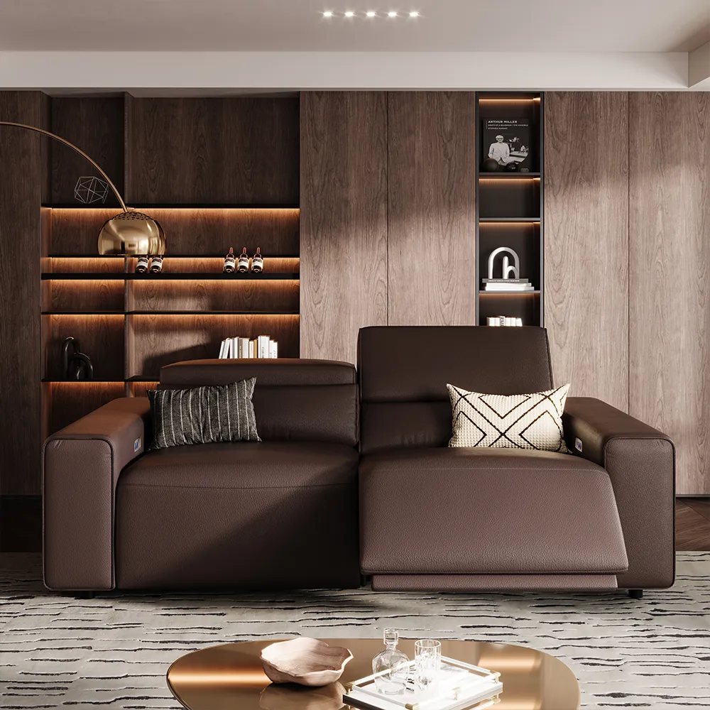 POVISON Benjamin-Power Reclining dark brown Loveseat with square arms and cushions near an oval glass coffee table and a shelf with decorations in a bright and mid century modern living room