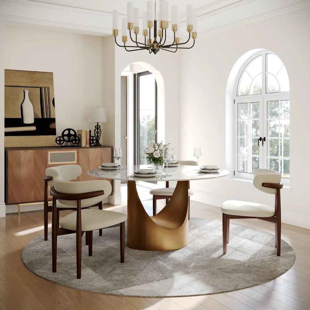A cleaner European modern farmhouse dining room with warm wood, creamy walls, arched windows, and restrained metal accents.
