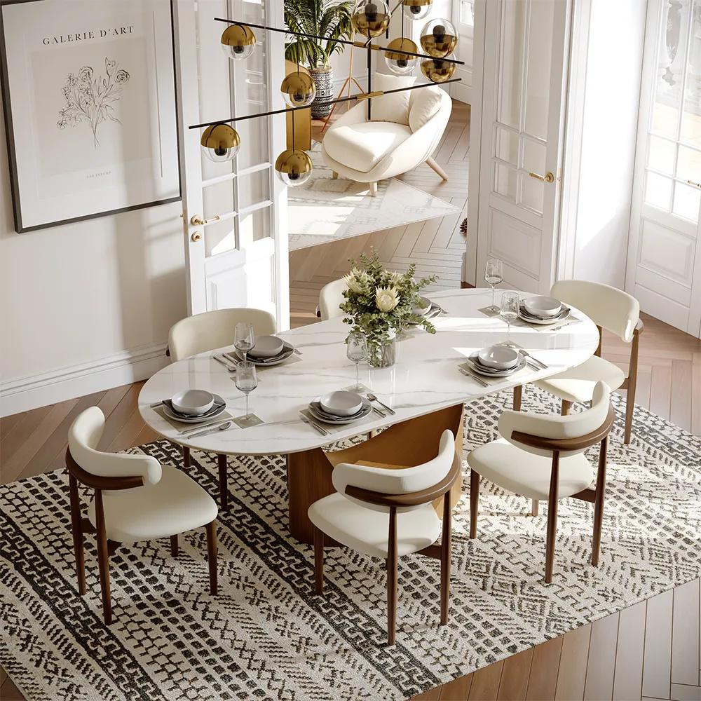 Hobart-Oval Glossy Sintered Stone Dining Table with 6 seaters in a organic modern dining room next to living room