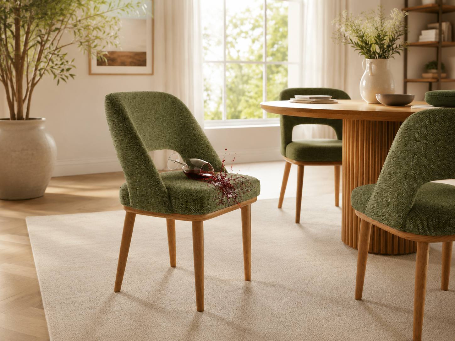 Overturned red wine glass on a green fabric dinning chair, showing urgent need for fabric stain removal after a dinner spill.