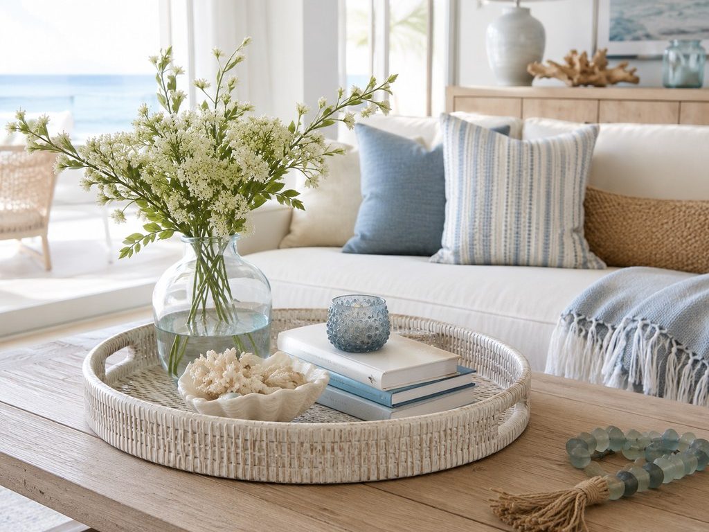 Coastal coffee table tray with white flowers, books, shell decor, and blue accents in a bright seaside living room.