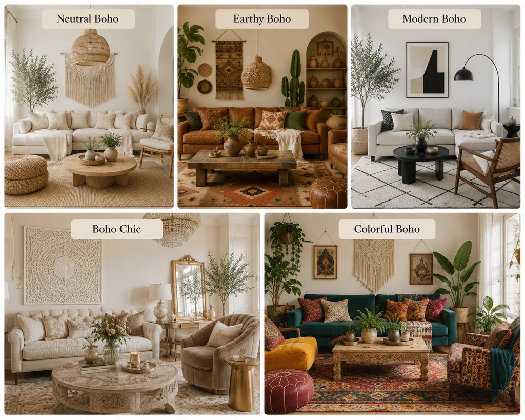 five types of boho living room style comparison: neutral boho, earthy boho, modern boho, boho chic and colorful boho