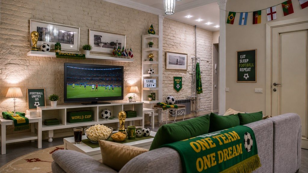 Bright living room with exposed brick walls, a gray sofa, soccer scarves and flags, snacks on the coffee table, and a World Cup match playing on the TV.