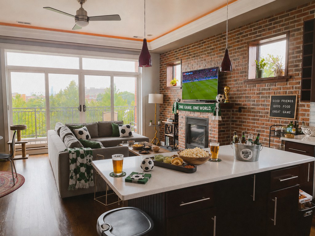 Open concept living room and kitchen decorated for a World Cup watch party with soccer-themed pillows, snacks on the island, and a live match on the TV.
