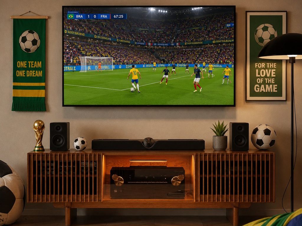 Warm modern living room with a wood slatted TV stand, a soccer match playing on the wall-mounted television, and subtle World Cup-inspired decor including soccer balls, a trophy, and fan banners.