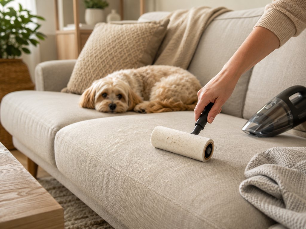 Person removing pet hair and dust from a beige fabric sofa with a lint roller and handheld vacuum beside a small dog.
