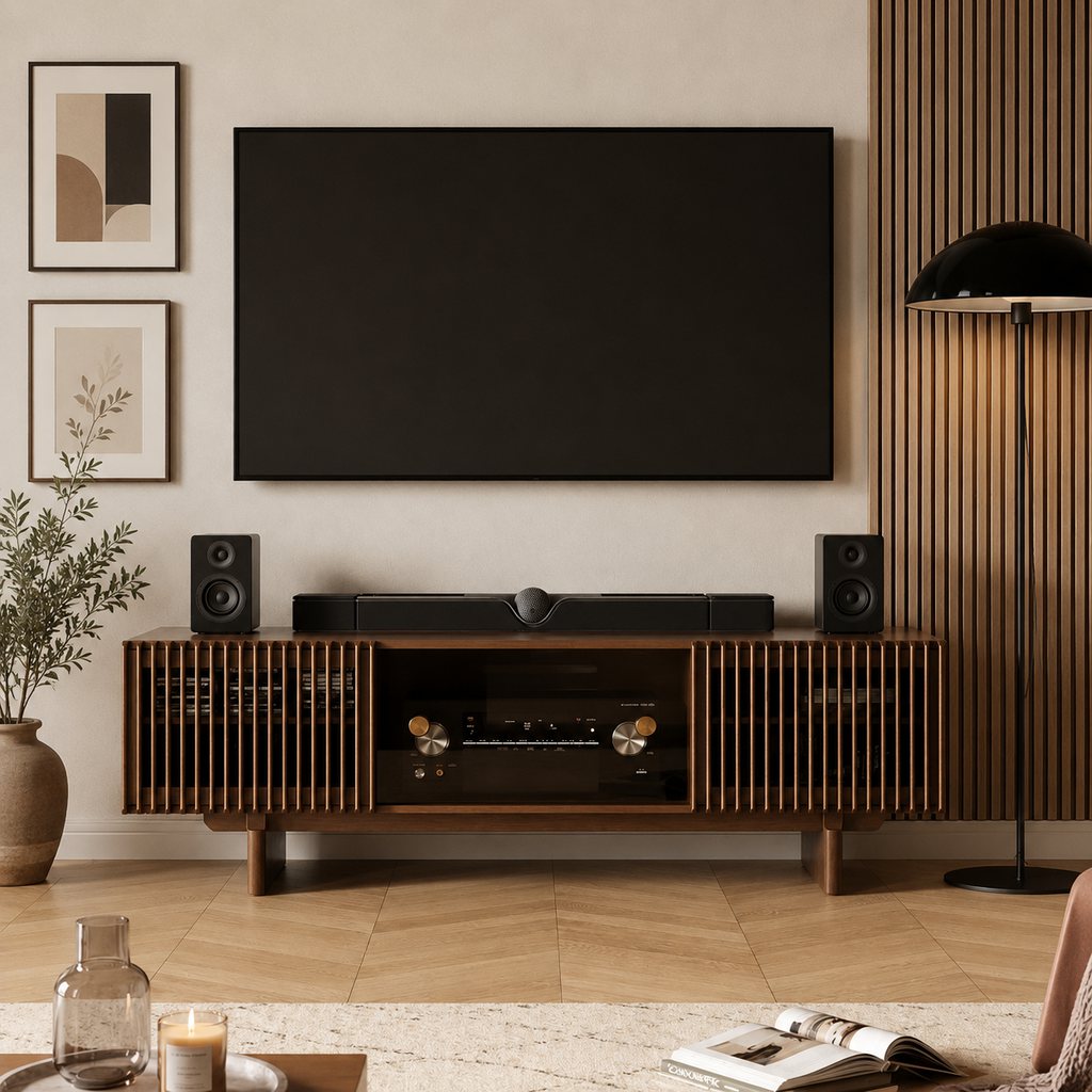 Modern TV wall with walnut slatted media console, wall-mounted black screen, framed art, floor lamp, plant, and warm neutral decor.