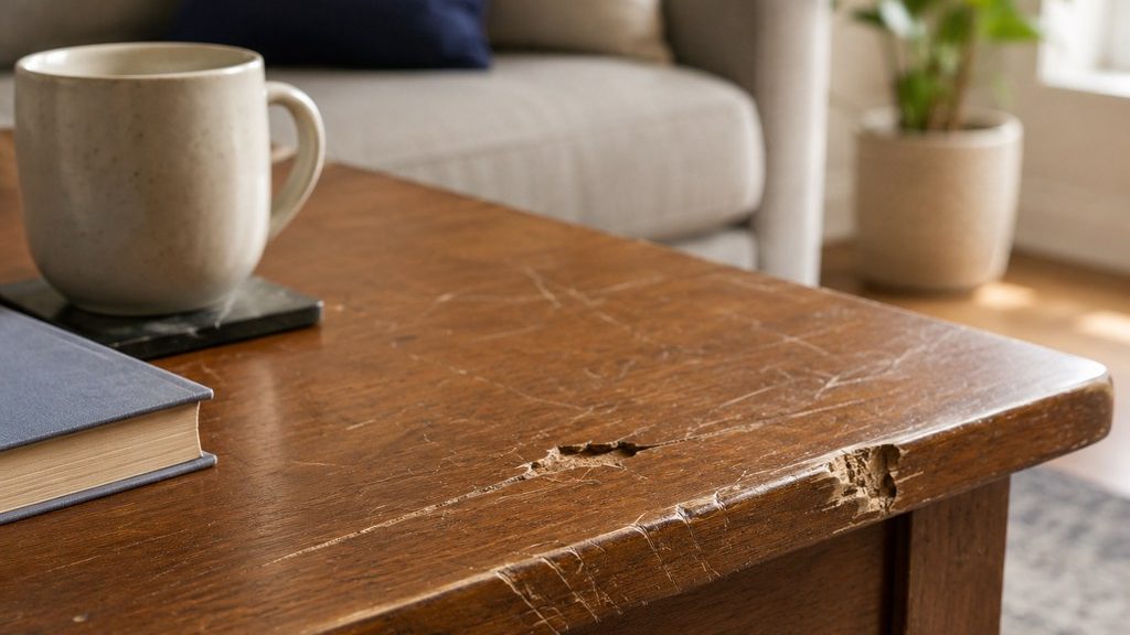 Close-up of a worn wooden coffee table with deep scratches, a small gouge, and a chipped corner beside a mug and book in a living room.