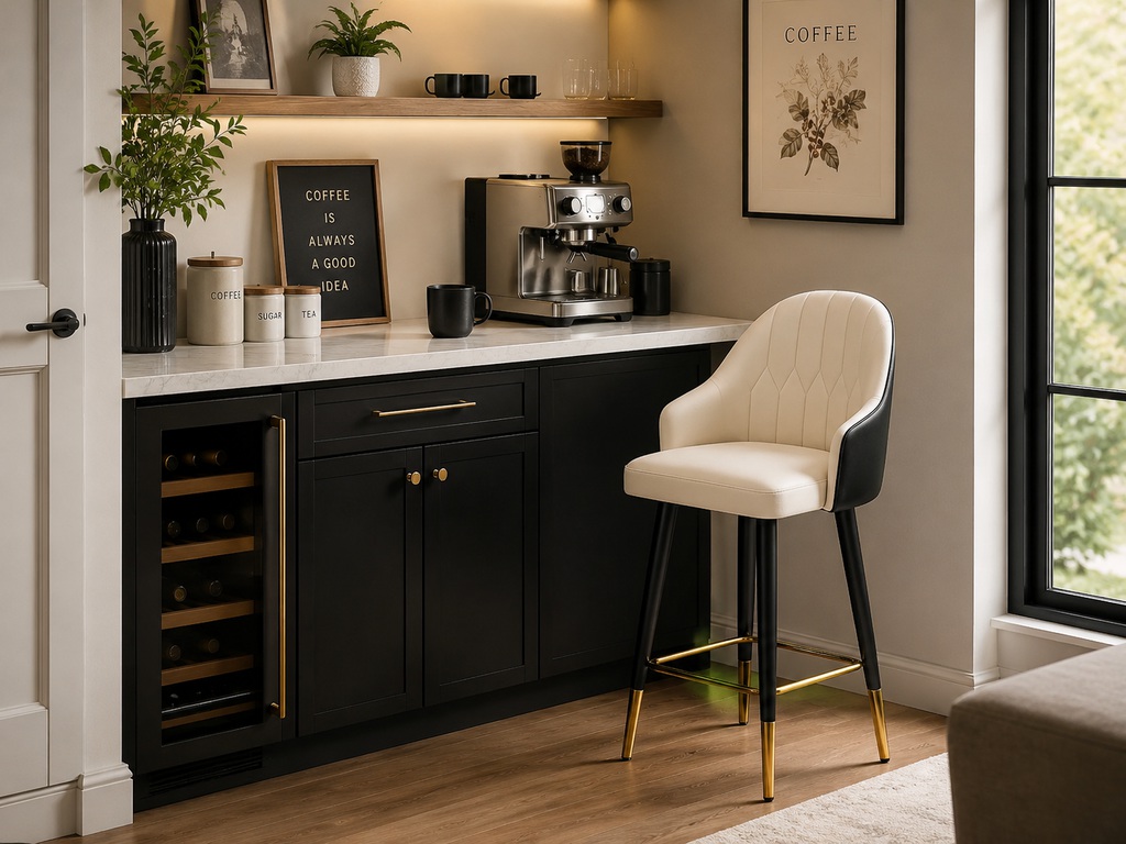 Modern home coffee bar with espresso machine, black cabinet, warm shelf lighting, and cream bar stool with black legs and gold accents.