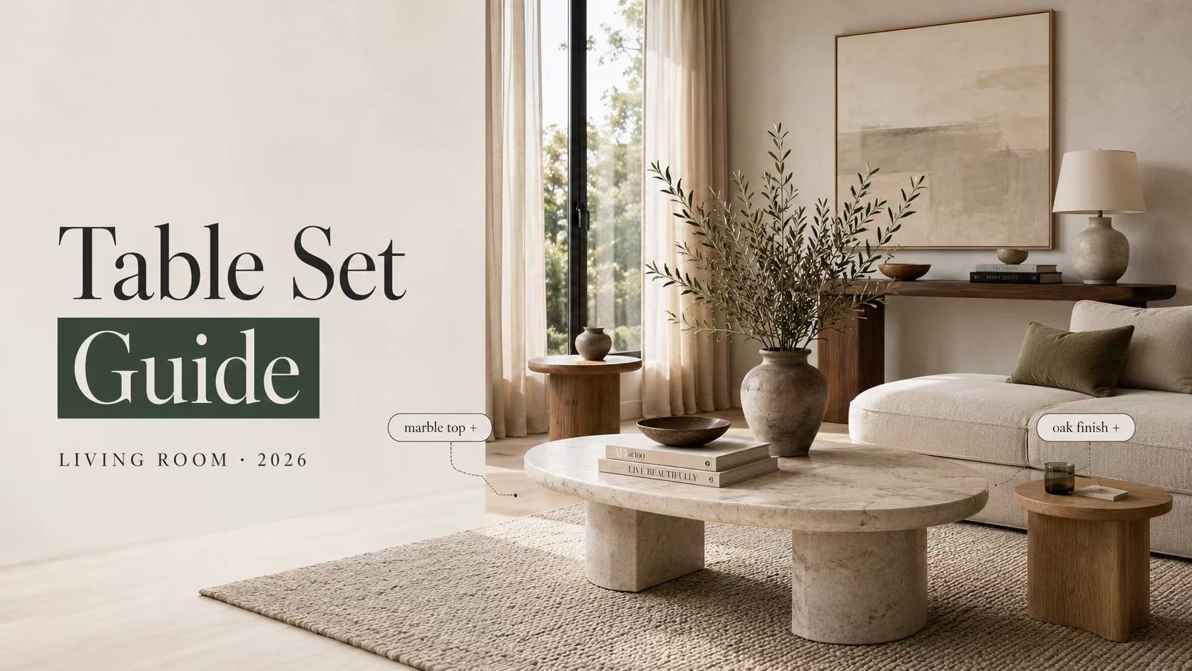 Minimalist living room table sets featuring an oval marble coffee table and oak wood side tables.