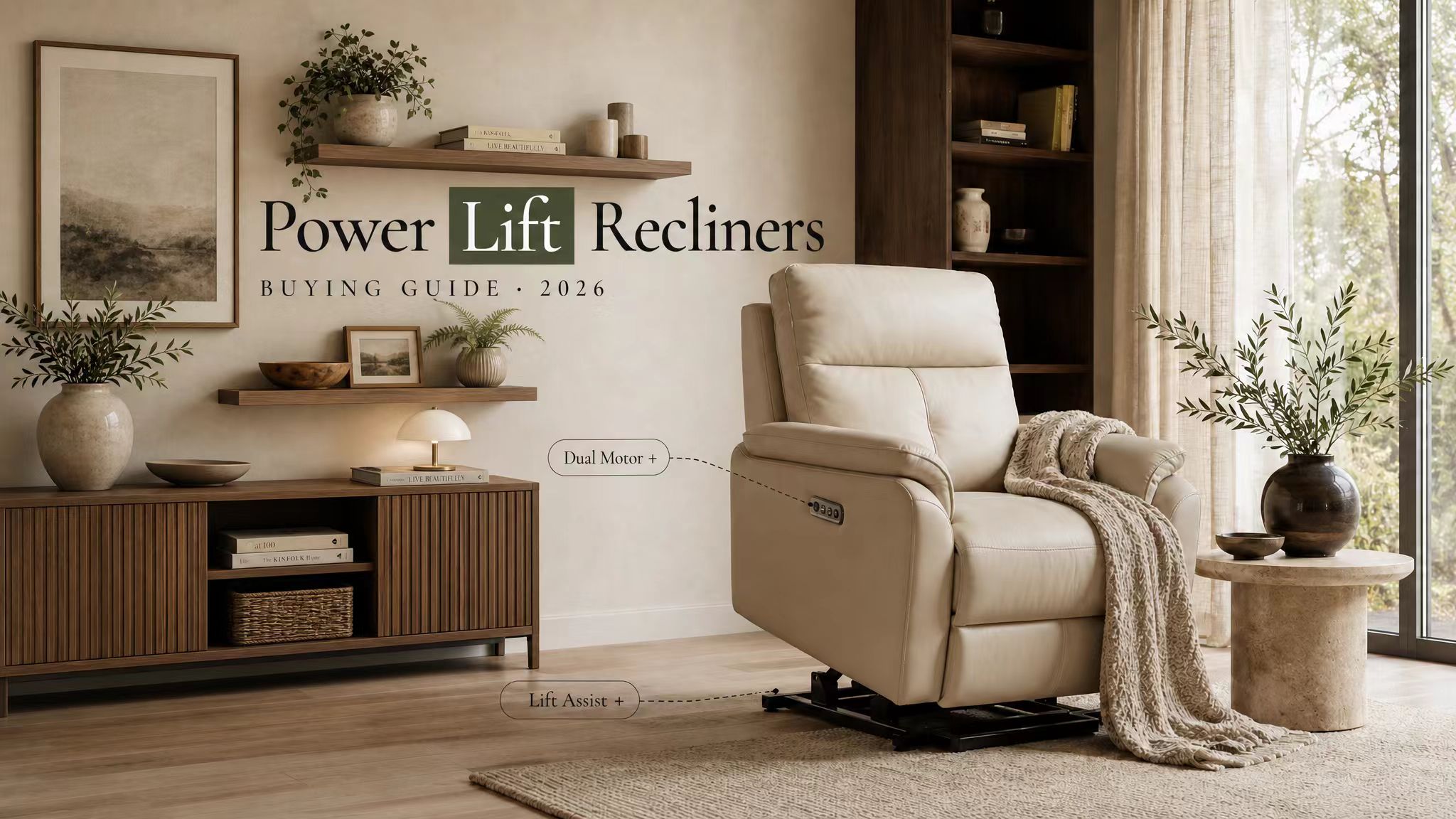 Cream leather power lift recliners featuring a dual motor system and lift assist base in a modern living room.