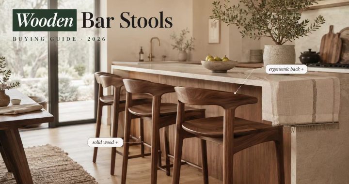 Elegant wooden bar stools with an ergonomic backrest and solid wood frame lined up at a modern kitchen island.