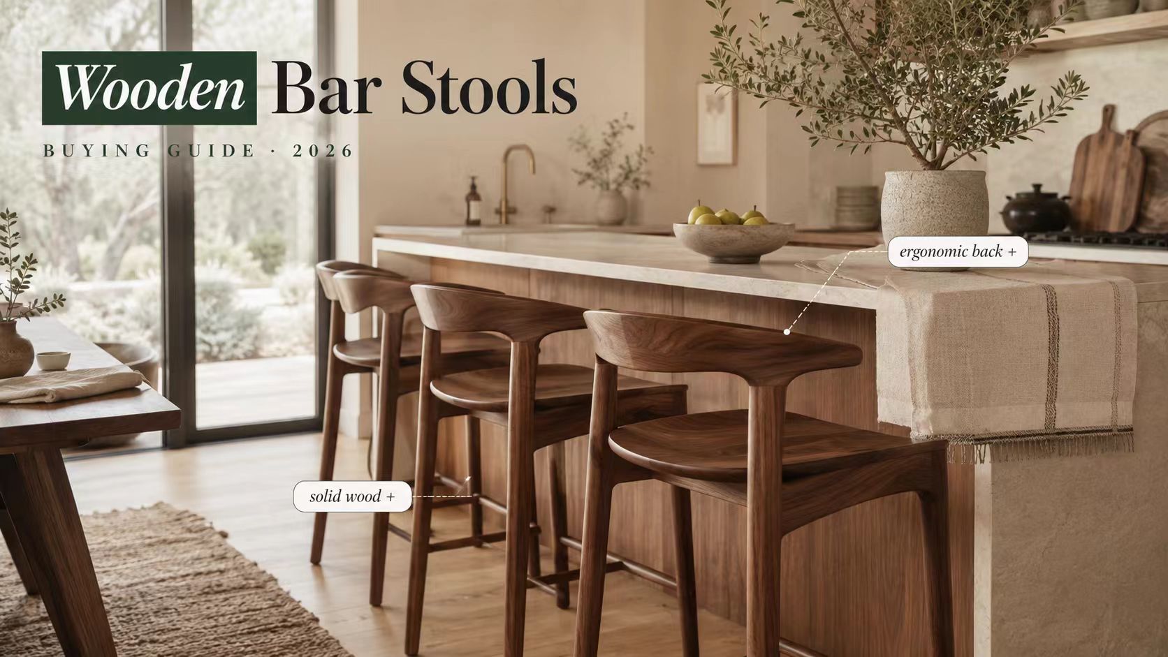 Elegant wooden bar stools with an ergonomic backrest and solid wood frame lined up at a modern kitchen island.
