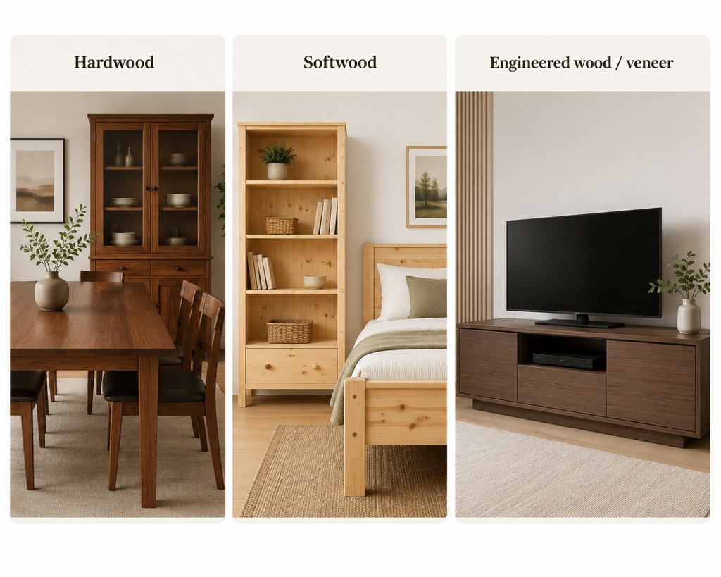 different main types of wood for furniture: hardwood, softwood, and engineered wood or veneer