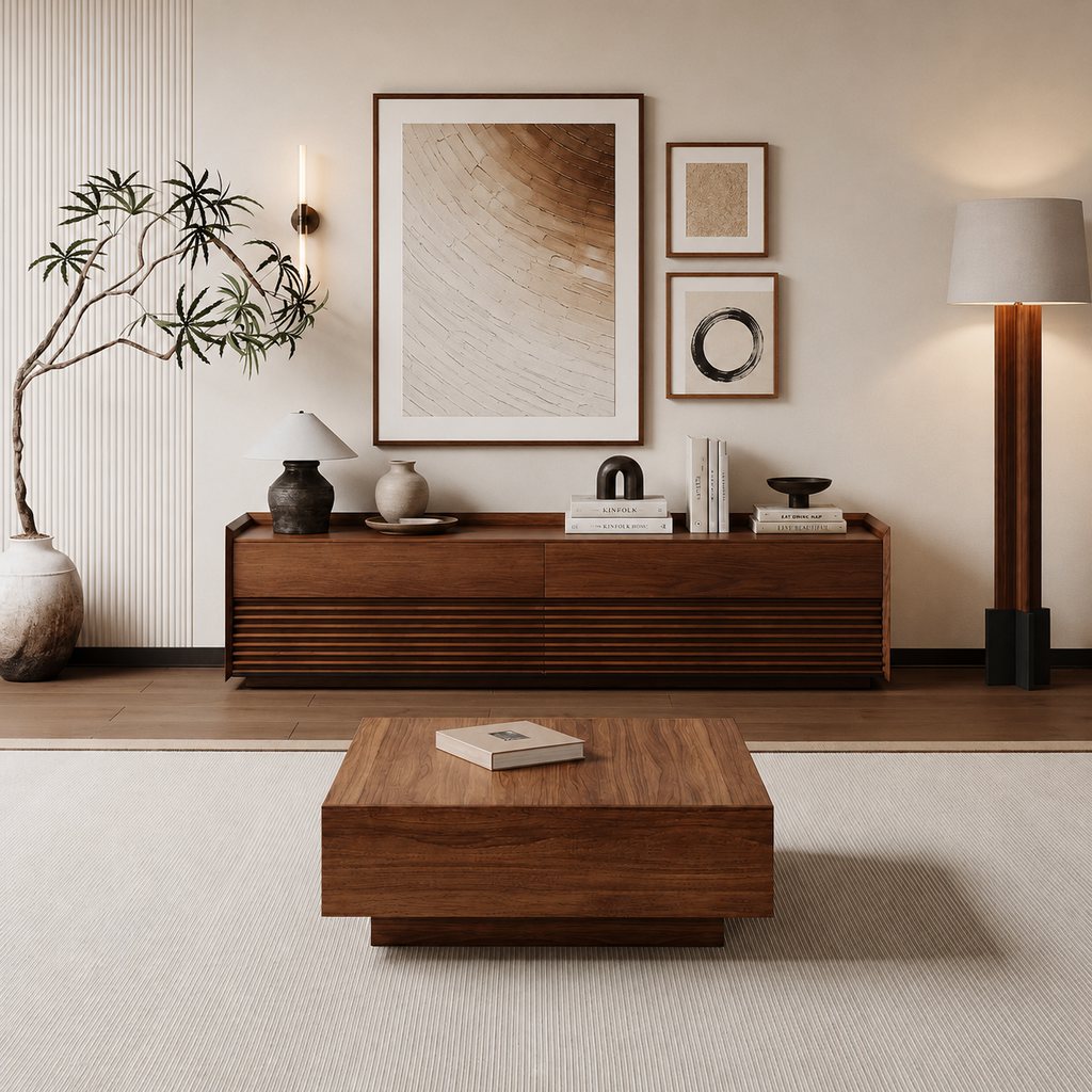 Modern living room with wood sideboard, square coffee table, framed wall art, floor lamp, plant, and warm asymmetrical decor.