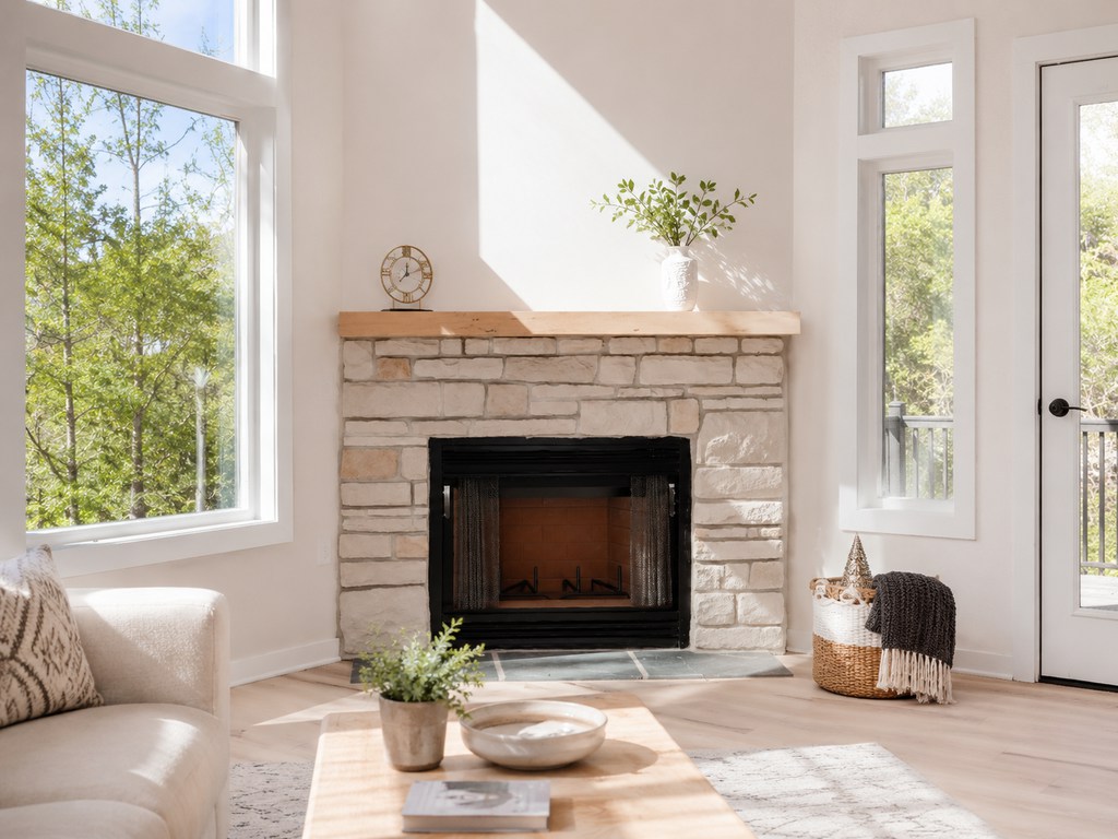 Bright summer living room with a stone fireplace, simple wood mantel decor, large windows, woven basket, and light natural textures.