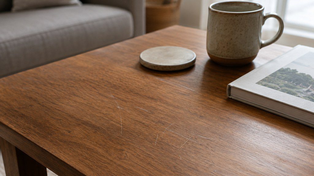 Close-up of a warm brown wood coffee table with light surface scratches, a ceramic mug, coaster, and book in a softly lit living room.