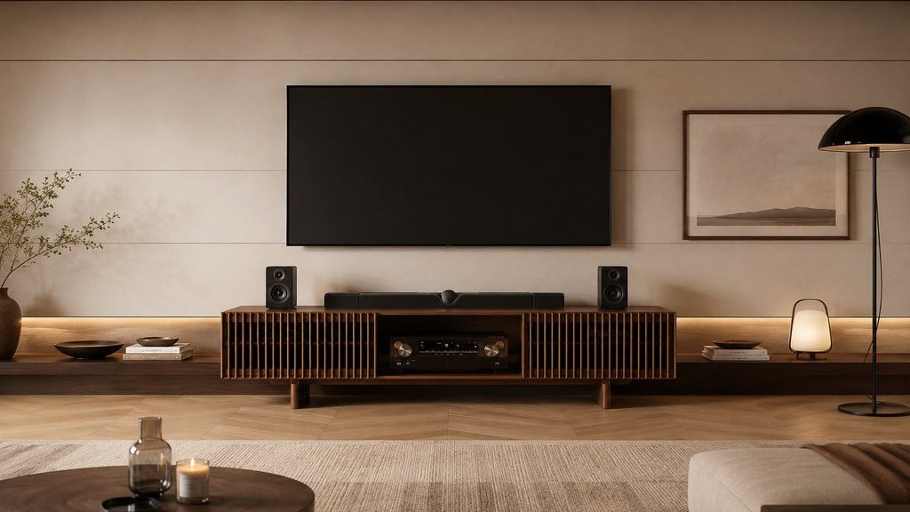 Warm modern TV wall with a long slatted wood media console, horizontal wall panels, low lighting, neutral rug, and balanced minimalist decor.