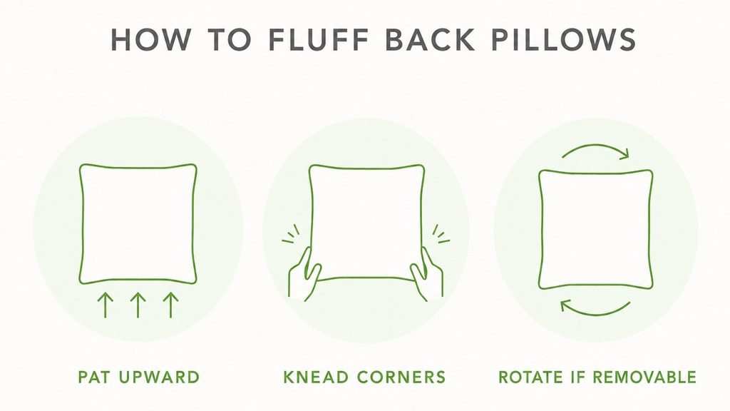 three steps to fluff back pillows: pat u[ward, knead corners, and rotate if removable