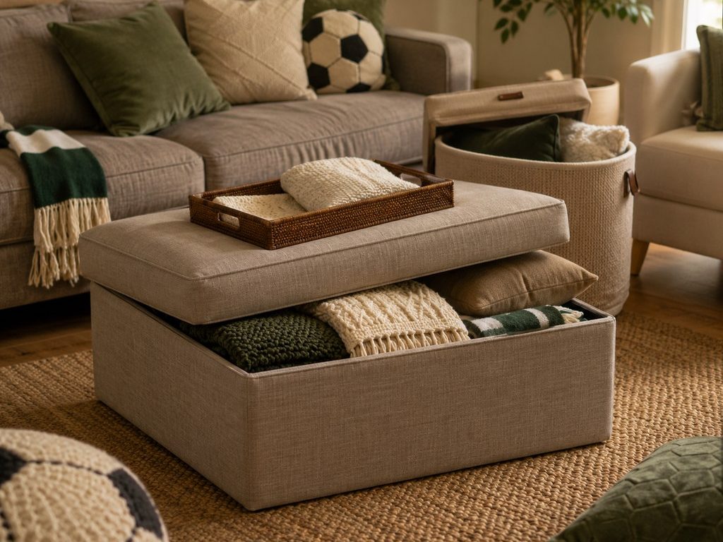 an ottoman with storage for pillows and carpets near a sofa, an accent chair and a basket in a world cup watching-party living room