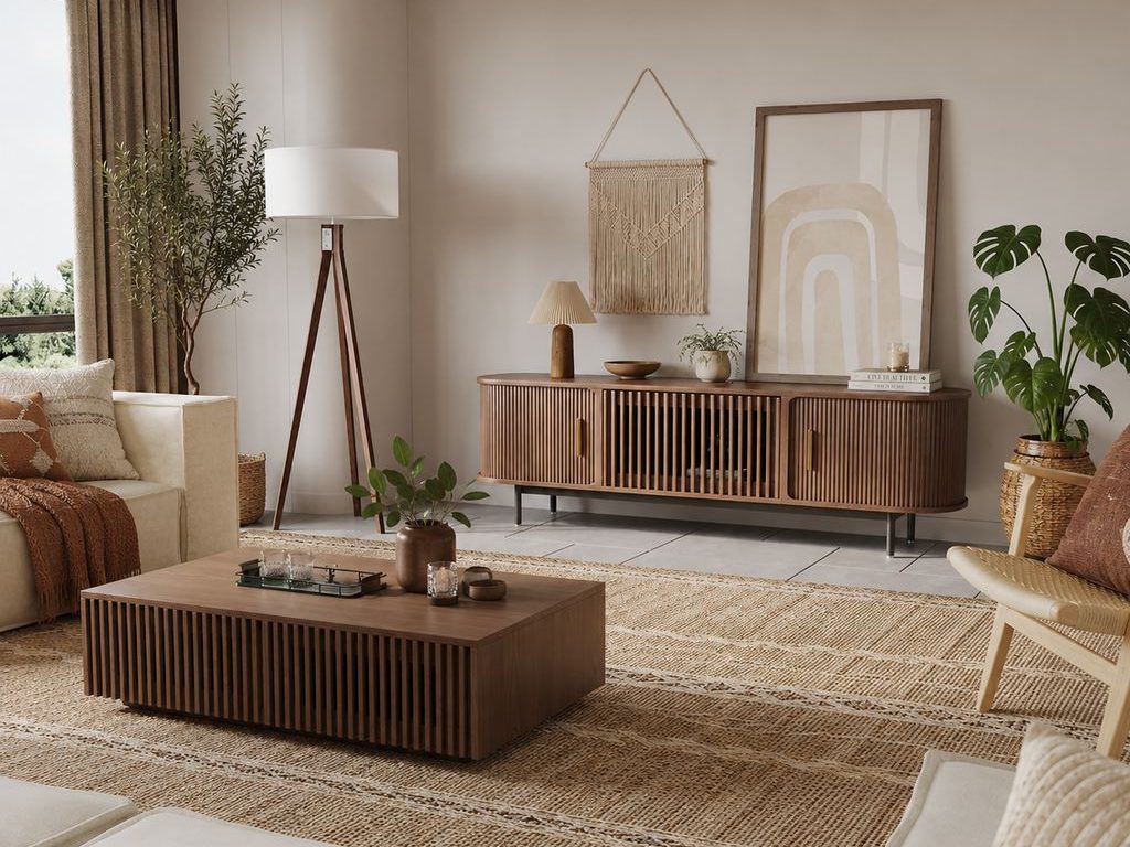 Modern boho living room with slatted wood media console and coffee table, cream seating, textured rug, macramé wall hanging, leafy plants, and warm neutral decor.