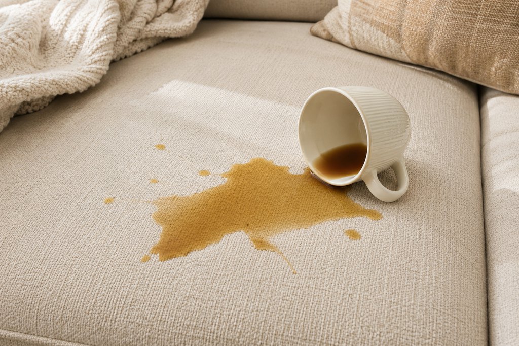 Spilled coffee from a tipped mug soaking into a light beige fabric sofa cushion.