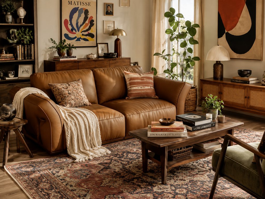 Eclectic living room with brown leather sofa, vintage rug, wood coffee table, colorful wall art, patterned pillows, plants, and layered warm decor.