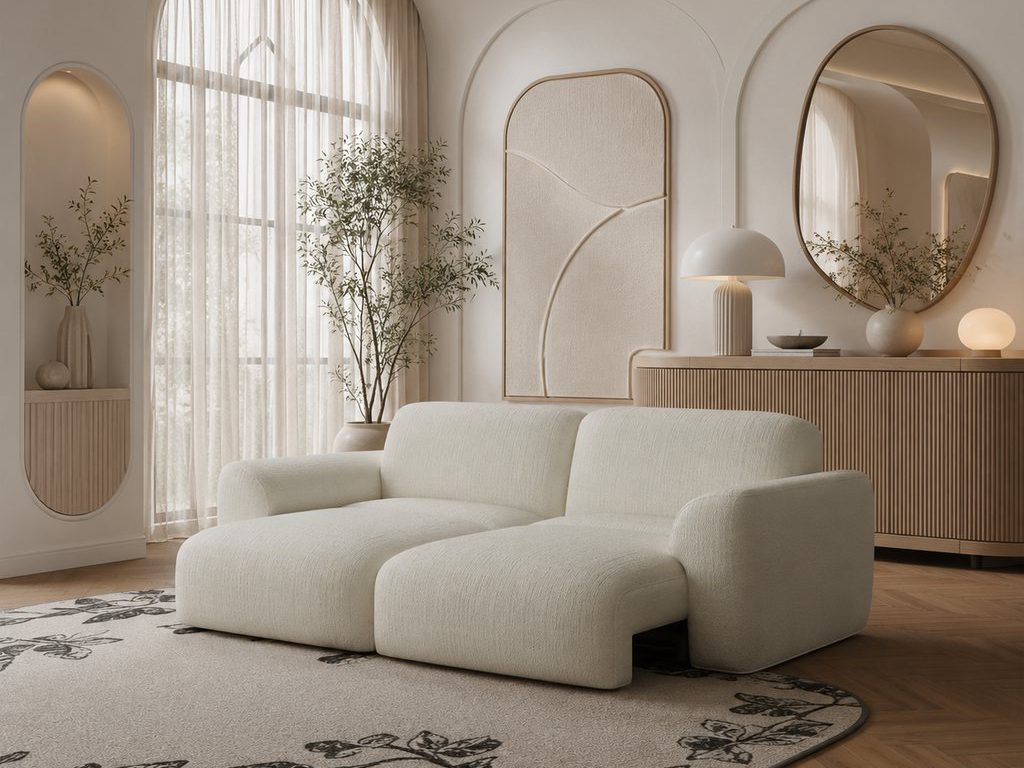 Cream sofa in a curved-line living room with arched windows, rounded wall decor, oval mirror, soft rug, and warm neutral styling.