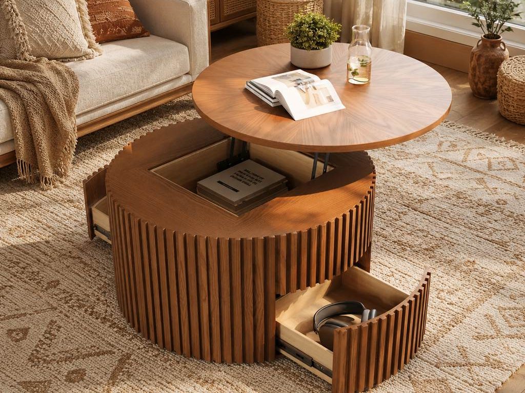 Boho living room with round fluted wood storage coffee table, cream sofa, textured rug, rattan cabinet, leafy plants, and warm natural light.