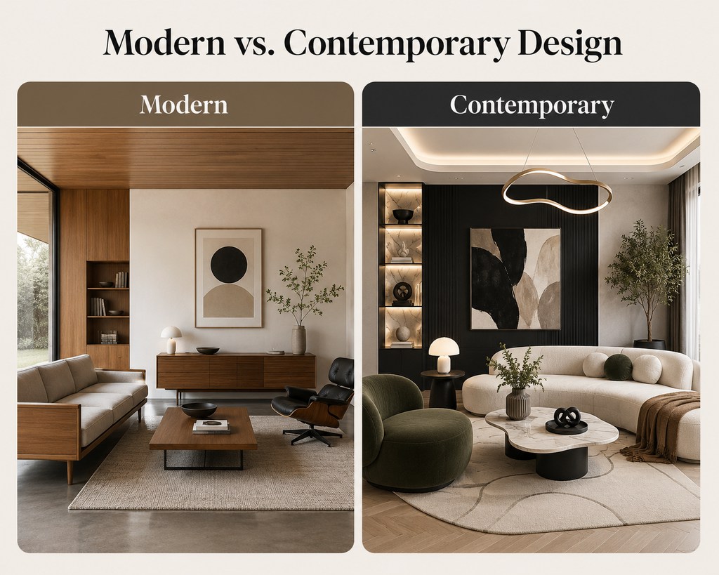 design comparison between modern style and contemporary style