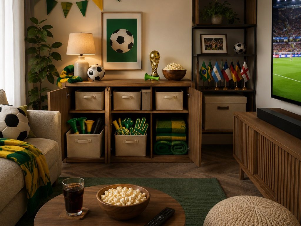 Cozy living room with an open wood cabinet storing soccer scarves, flags, foam hands, and blankets for a World Cup watch party, with popcorn and a match playing on the TV.