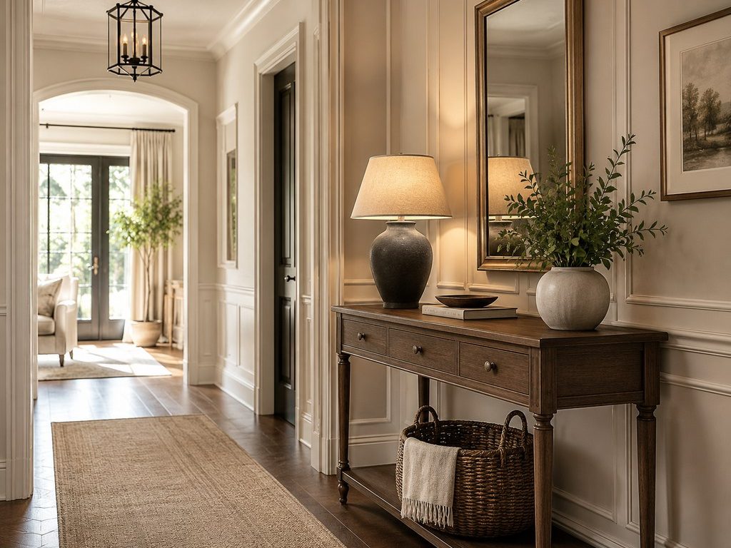 Modern traditional entryway with slim wood console table, framed mirror, table lamp, greenery, woven basket, paneled walls, and warm hallway lighting.