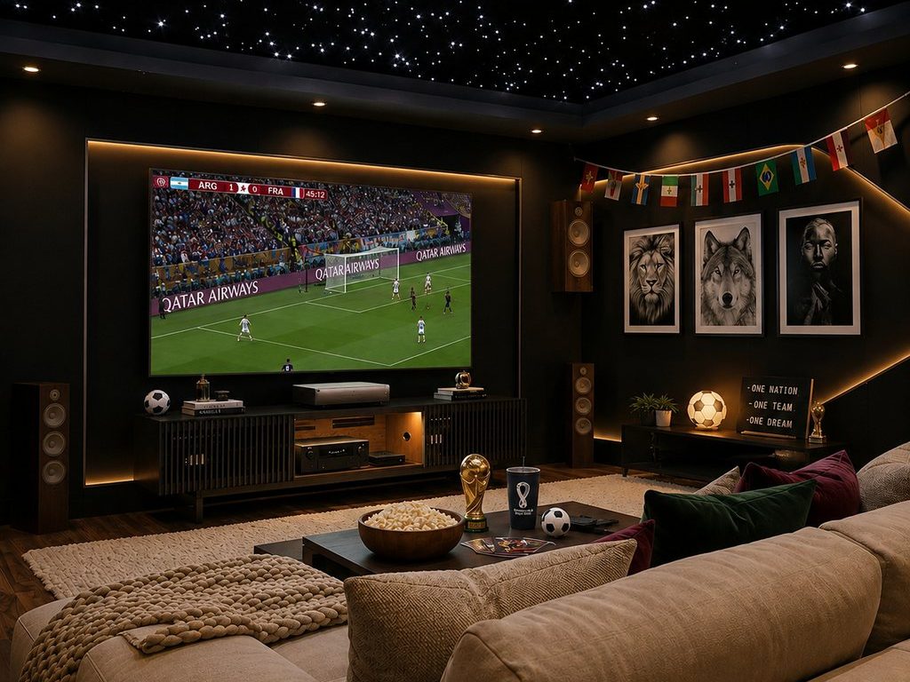 Dark modern home theater with a starry ceiling, sectional seating, international soccer flags, and a live World Cup match playing on a large wall-mounted TV.