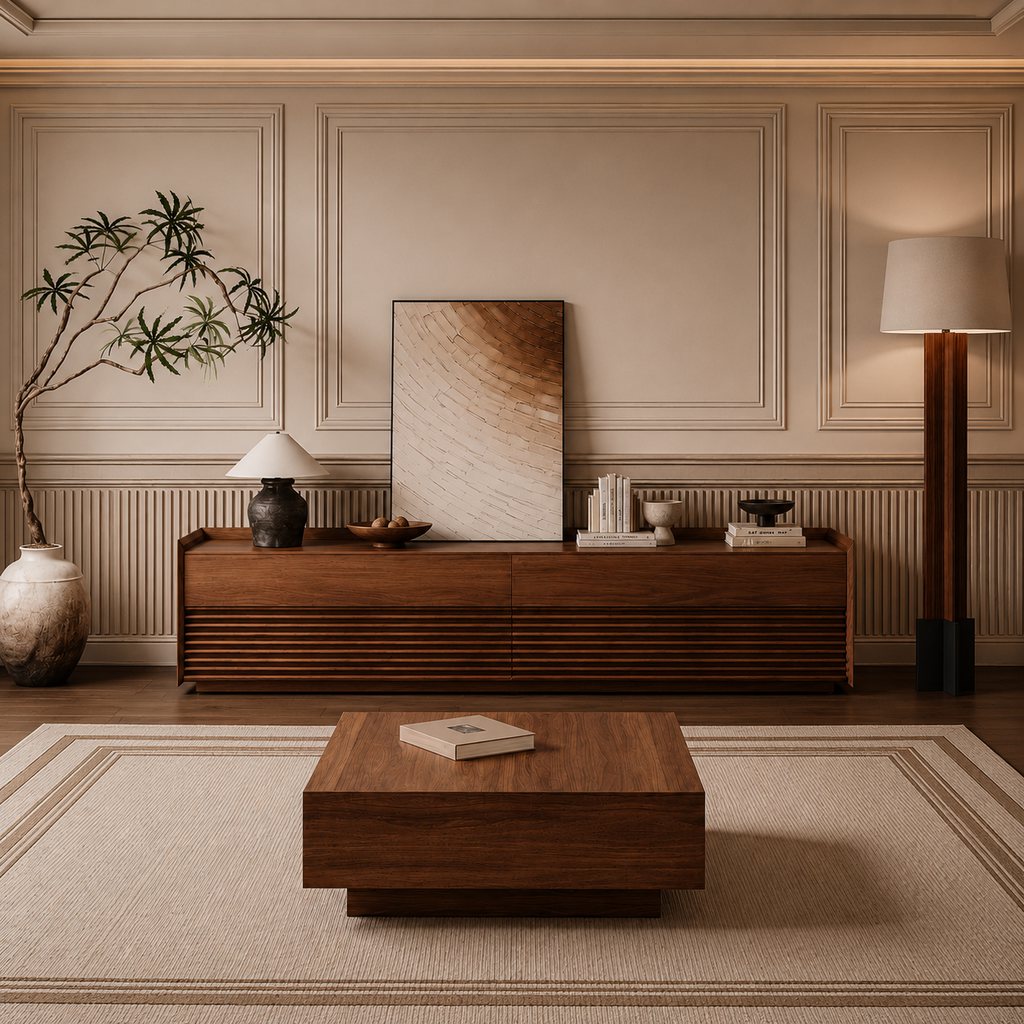 Warm minimalist living room with walnut sideboard, square coffee table, layered wall molding, ribbed paneling, bordered rug, floor lamp, and sculptural decor.