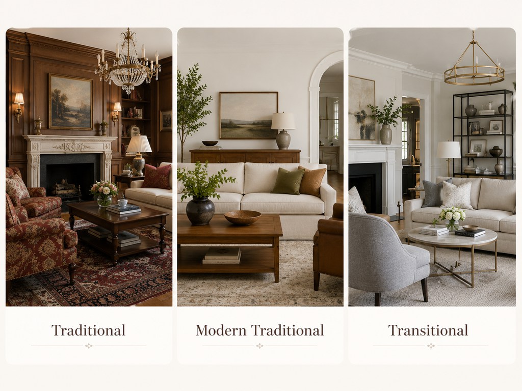 three different types of decoration style: traditional, modern traditional and transitional