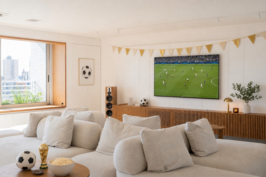 Modern cream sectional sofa facing a wall-mounted TV showing a soccer match, with subtle gold bunting, soccer-themed decor, popcorn, and a warm wood media console in a bright living room.