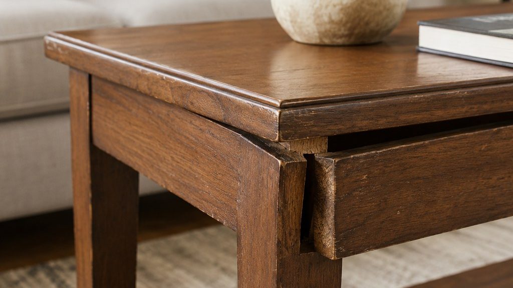 Close-up of a wooden coffee table with a separated corner joint and cracked rail, showing structural damage near the table leg.