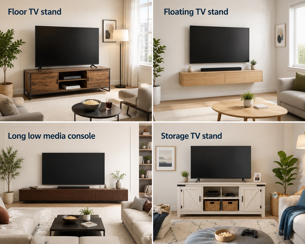 four types of tv stand comparison: floor tv stand, floating tv stand, long low media console and storage tv stand