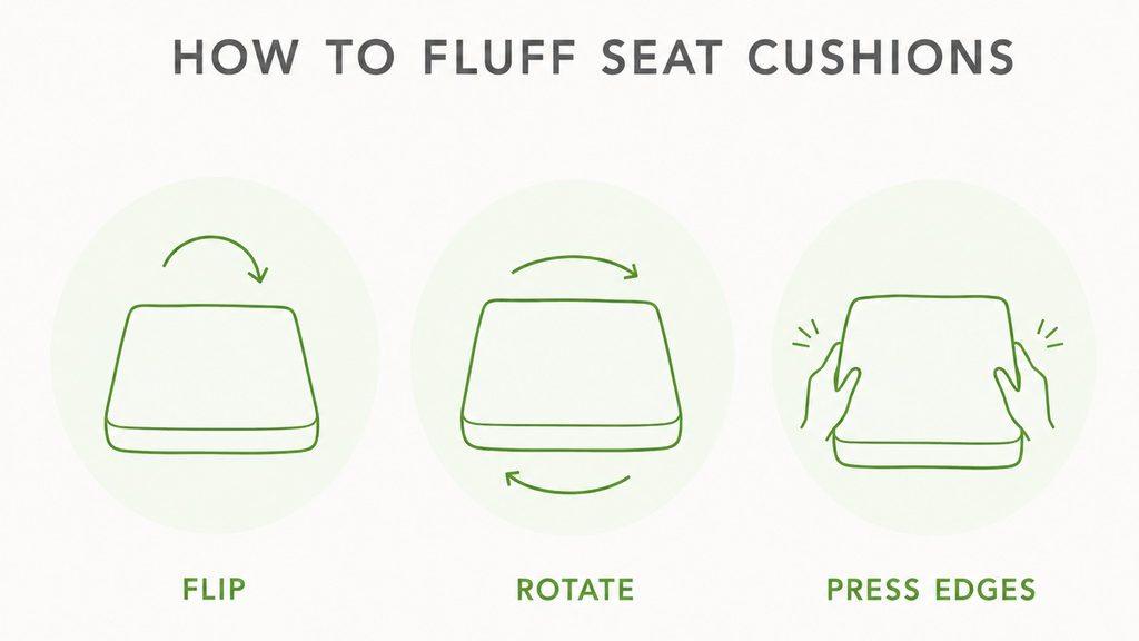 three steps to fluff seat cushions: flip, rotate, and press edges