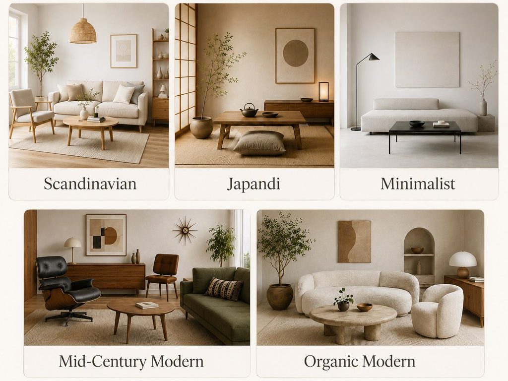 different types of decoration styles: scandinavian, japandi, minimalist, mid century modern, and organic modern