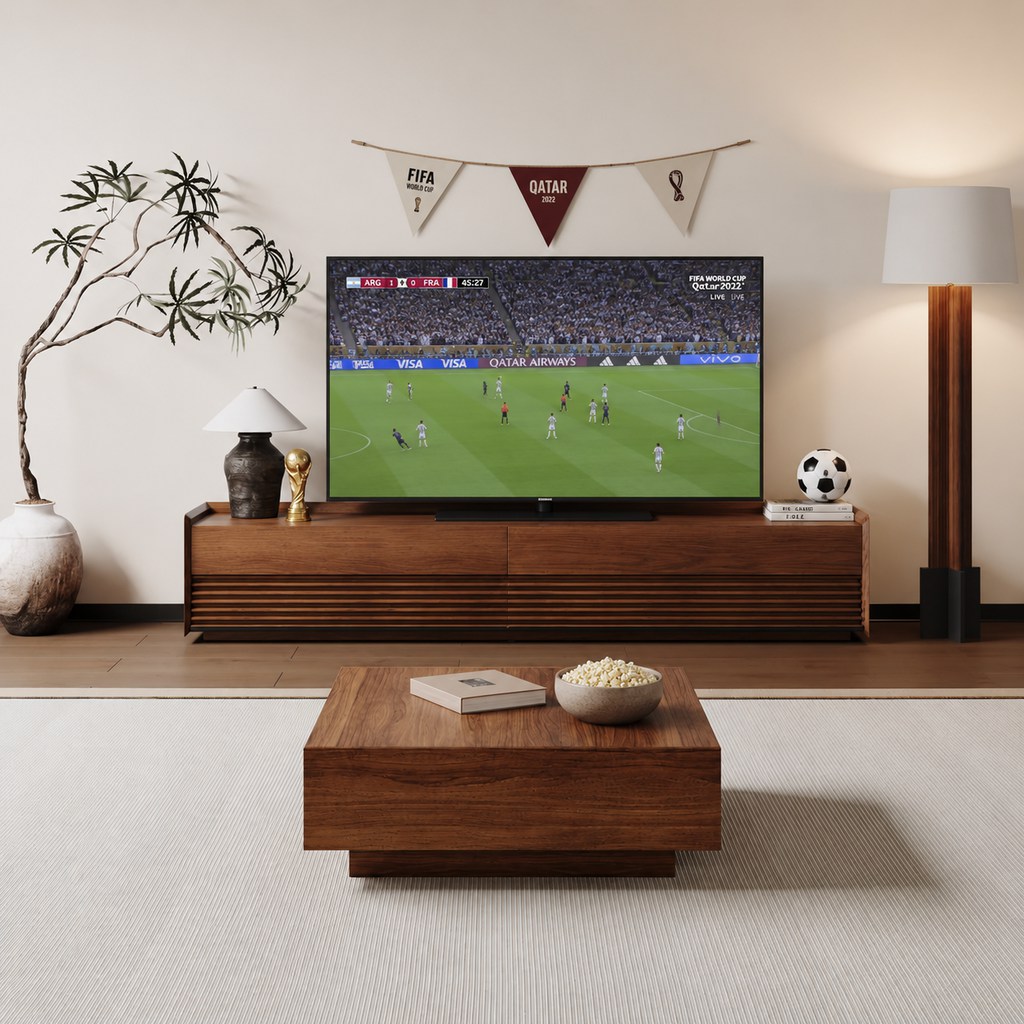 tv stand and coffee table set up for world cu watching