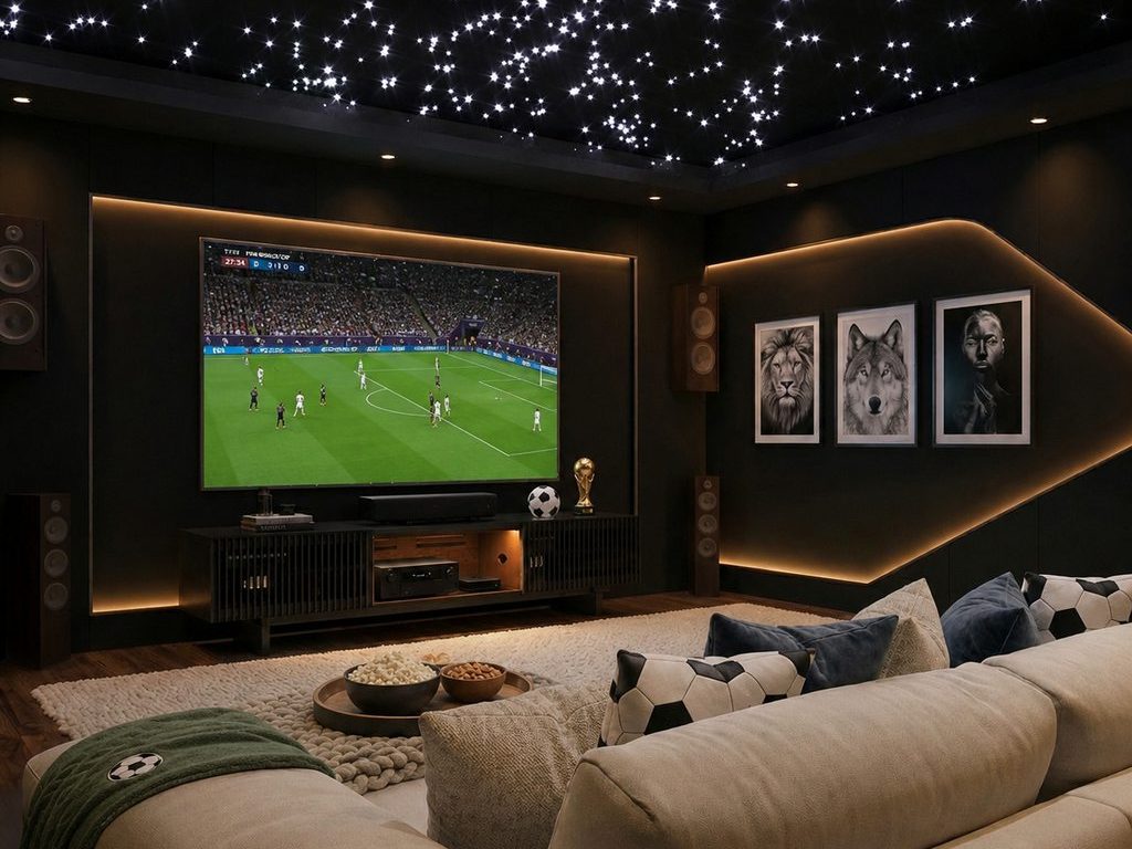 Luxury home theater with starry ceiling lights, soccer-themed pillows and snacks, and a live World Cup match on the TV.