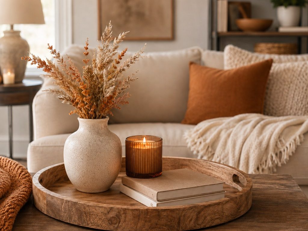 Cozy seasonal coffee table tray with dried stems, an amber candle, and stacked books in a warm neutral living room.
