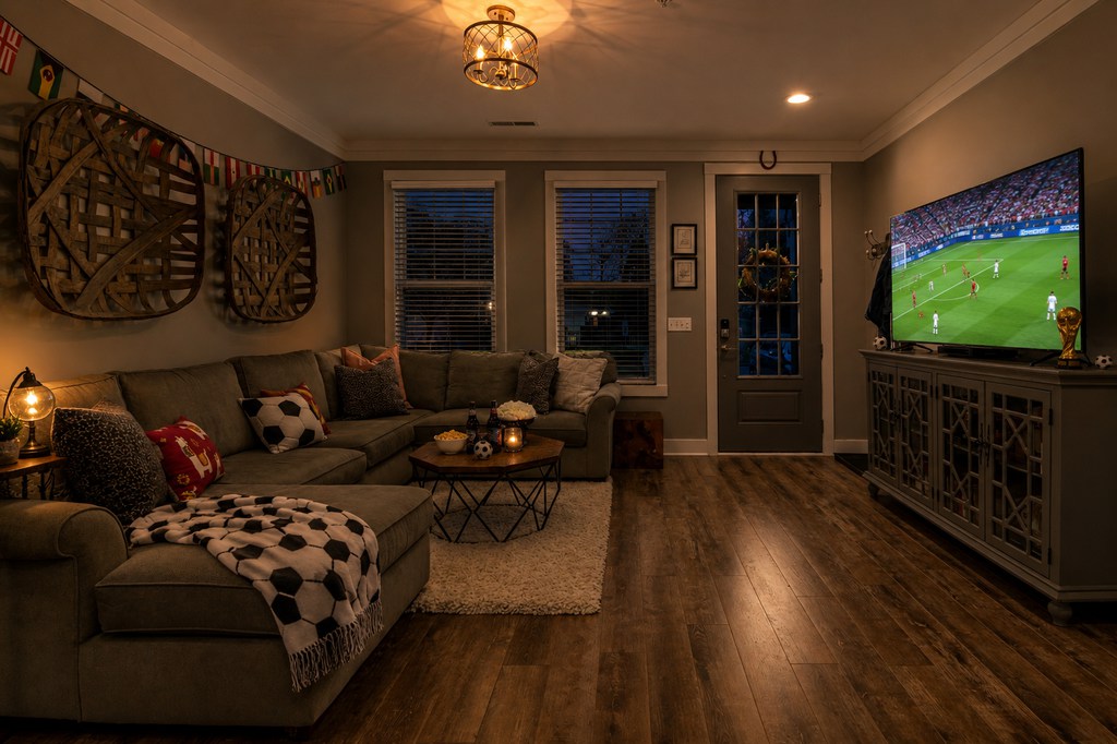 Cozy living room at night with a sectional sofa, TV showing a soccer match, warm lighting, snacks on the coffee table, and subtle World Cup decorations.