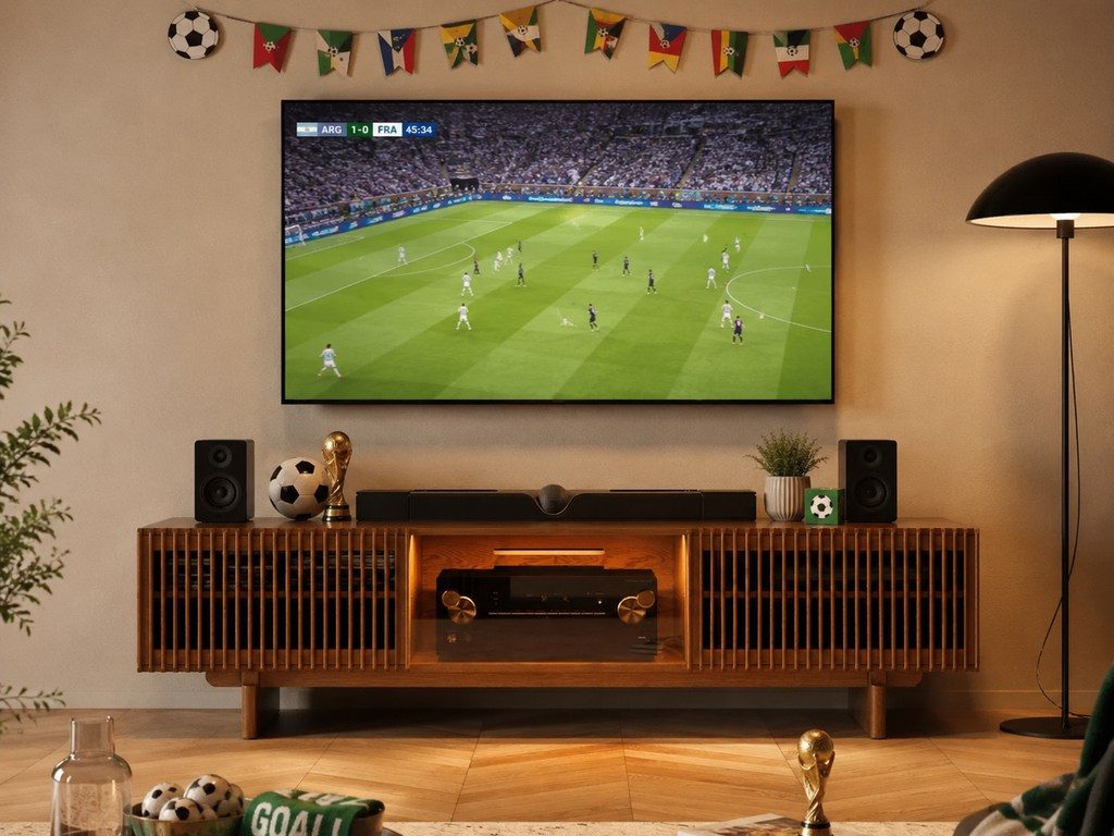 World Cup-themed living room with soccer match on TV, slatted wood media console, pennant banner, trophies, soccer accents, and warm lighting.