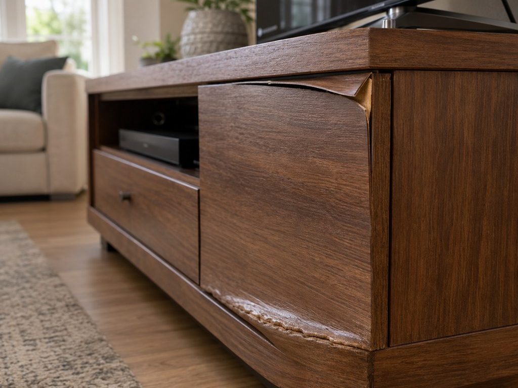 Close-up of a wood TV stand with lifted veneer on the cabinet door and a swollen, moisture-damaged lower edge.