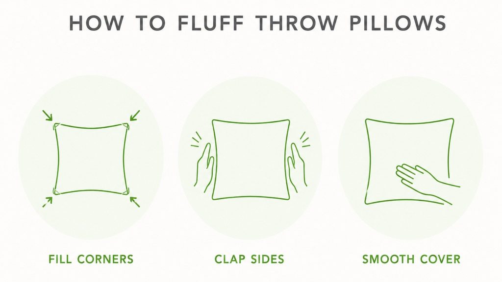 three steps to fluff throw pillows: fill corners, clap sides and smooth cover