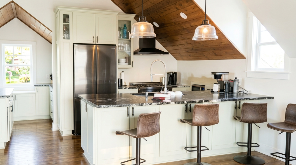 Swivel metal bar stools with vintage brown leather upholstery at a marble-top kitchen island under sloped ceilings.