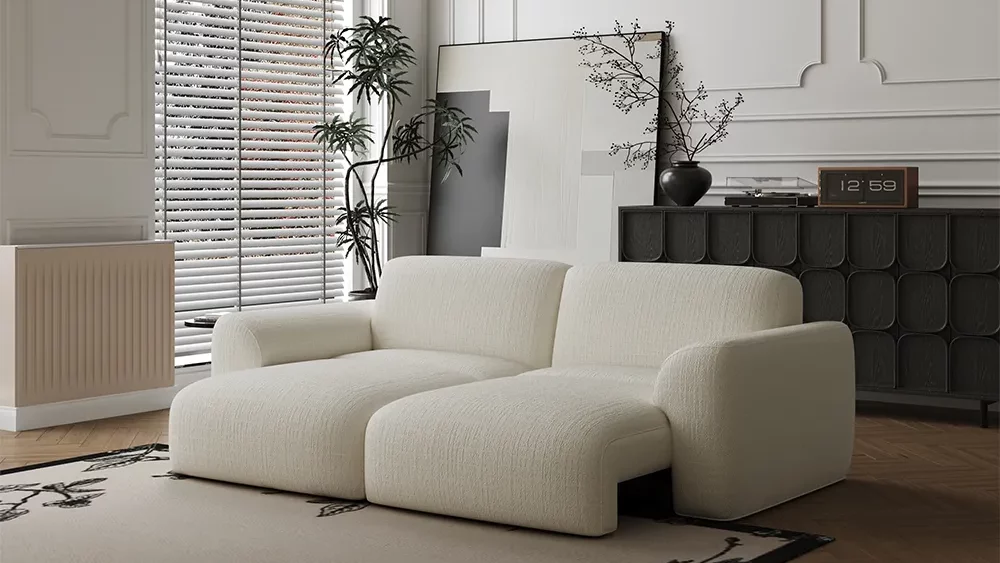 Aurora-Power Sofa Bed with motorized functions near a plant, a wood console table with a plant, a disc player and a clock and a painting in a cozy living room