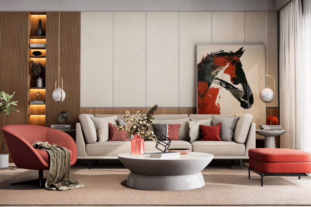 Modern living room sets with a beige neutral sofa paired alongside a vibrant red armchair and matching ottoman.
